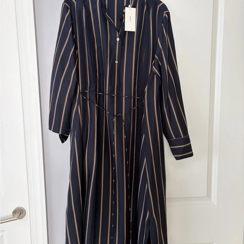 Vince Navy and Beige Striped Long Sleeve Dress - Picture 1 of 4